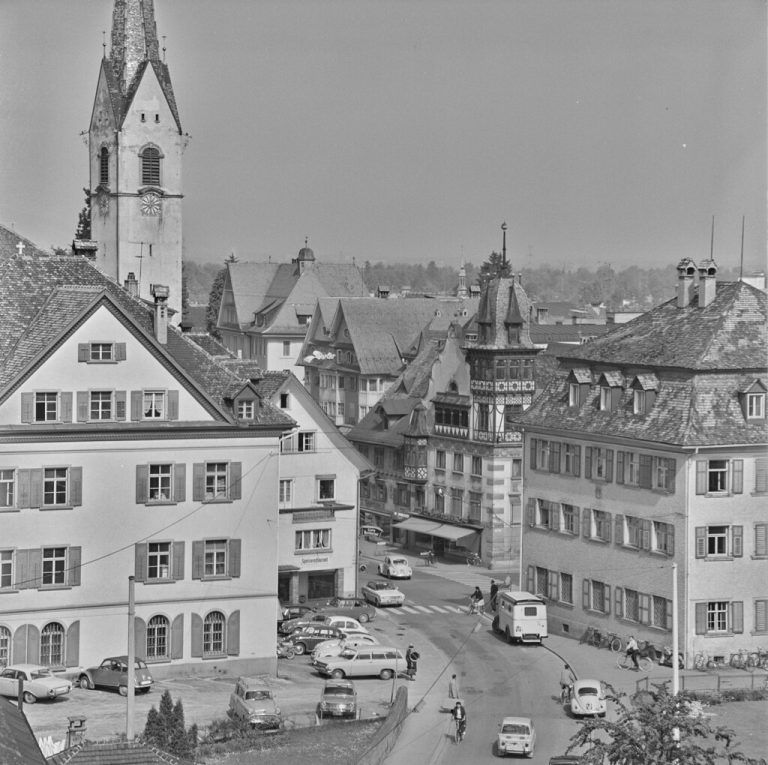 Ein Blick auf das Dornbirner Stadtzentrum vor 1961.