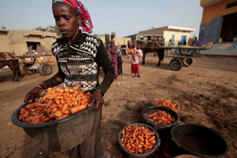Eine Frau trägt auf dem Markt im Dorf Noto Gouye Diama in der Region Thiès im Senegal einen Eimer voller Karotten. Reuters