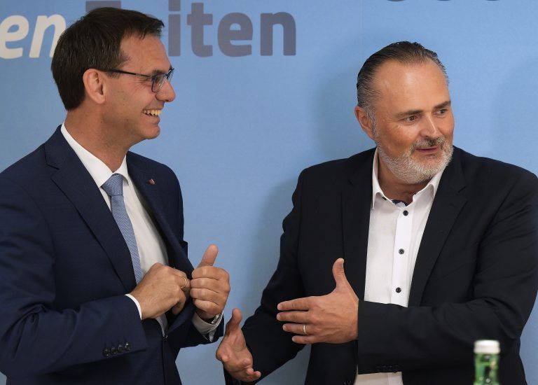 Betont geeint präsentierten sich Vorarlbergs Landeshauptmann Markus Wallner (l.) und sein Amtskollege aus dem Burgenland, Hans Peter Doskozil (r.), nach den Gesprächen zum Finanzausgleich. Geeint genug, um sich in Verhandlungen dem Bund entgegenzustellen. <span class="copyright">APA/Robert Jäger</span>