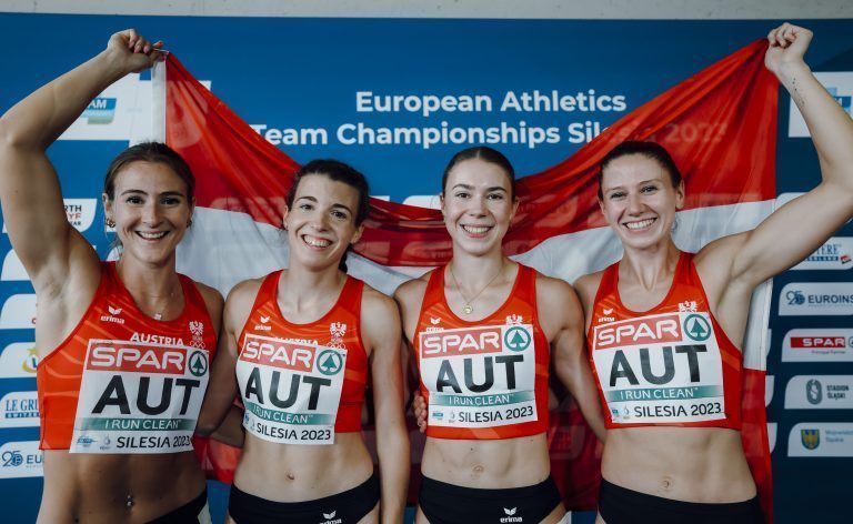 CHORZOW,POLAND,21.JUN.23 – OLYMPICS, ATHLETICS – European Games Krakow-Malopolska 2023, Women’s 4x100m Relay. Image shows Karin Strametz, Susanne Gogl-Walli, Isabel Cristina Posch, and Magdalena Lindner (AUT). Photo: GEPA pictures/ Patrick Steiner
