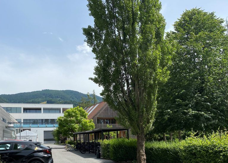 Rechts des Firmengeländes liegt das Kinderhaus eingebettet in die Natur. <span class="copyright">vn</span>