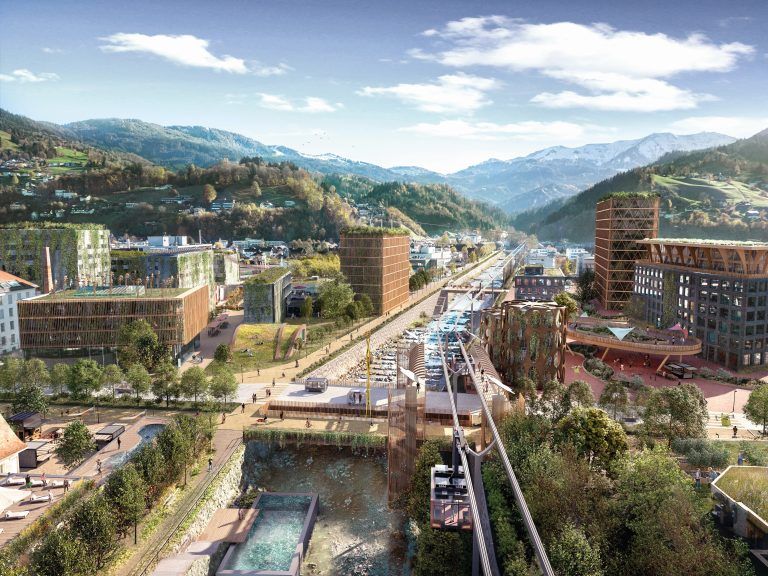 Eines der Zukunftsbilder der IV: Der Campus in Dornbirn mit der Wälderbahn. IV/Reinventing-Society