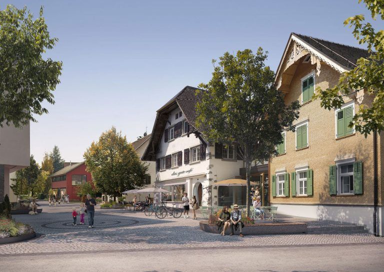 Diese Visualisierung zeigt die Neugestaltung des Wolfurter Ortszentrums.