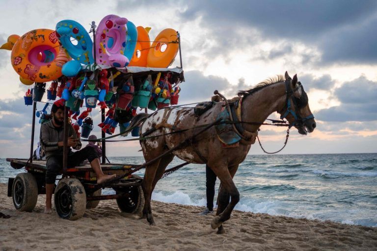 Ein Händler, der auf einem Pferdewagen Spielzeug verkauft, sucht an einem Strand in Gaza-Stadt nach Kundschaft. AFP