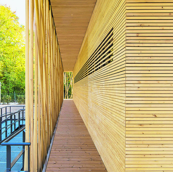 Vorarlberger Holzbaukunst in Berlin: Zartes Geflecht unter Bäumen