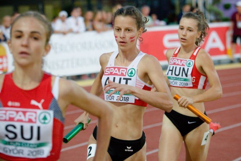 Mager als Schlussläuferin der 4-x-400-m-Staffel bei der U18-EM 2018 in Györ.