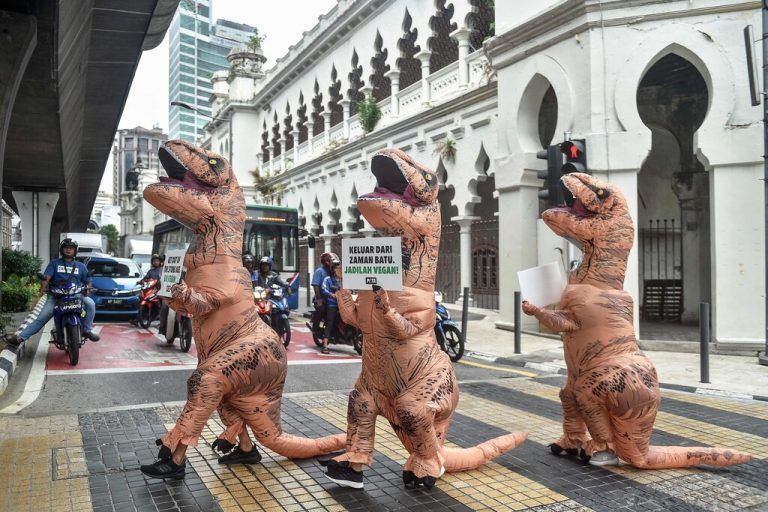 Verkleidete Aktivisten der Tierrechtsgruppe PETA fordern bei einem Protest in Kuala Lumpur, Malaysia, zu einer veganen Lebensweise auf. AFP