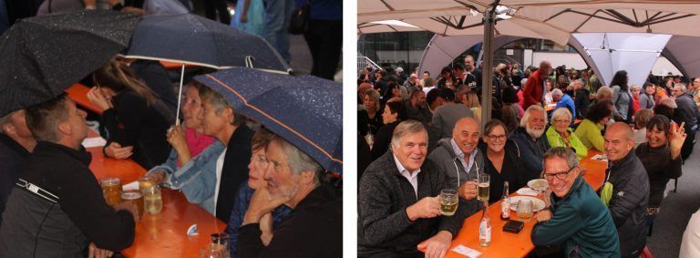 Wetterfeste ließen sich die Stimmung nicht verderben, behalfen sich mit Regenschirmen oder feierten das verregnete Finale einfach unter den großen Schirmen zu Ende.