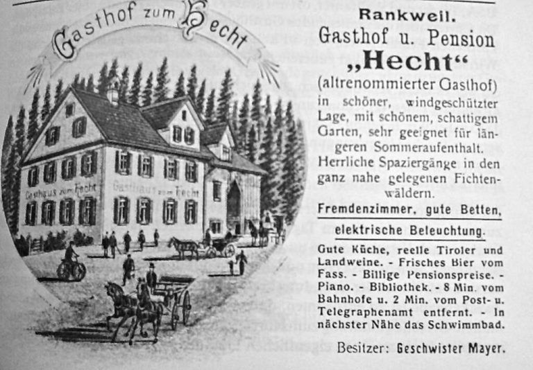 Auflistung des gesamten touristischen Angebots des Gasthofs Hecht; das Inserat stammt aus 1905 von den Nachfolgerinnen. Die 1900 verstorbene Wirtin benötigte keine Werbung, sie hatte einen Ruf.
