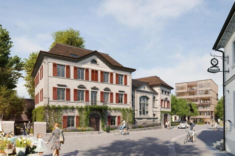 So soll das Rathausquartier mit Villa Rosenthal und dem neu zu bauenden Rathaus (im Hintergrund rechts) einmal aussehen. ARGE Schadenbauer STC