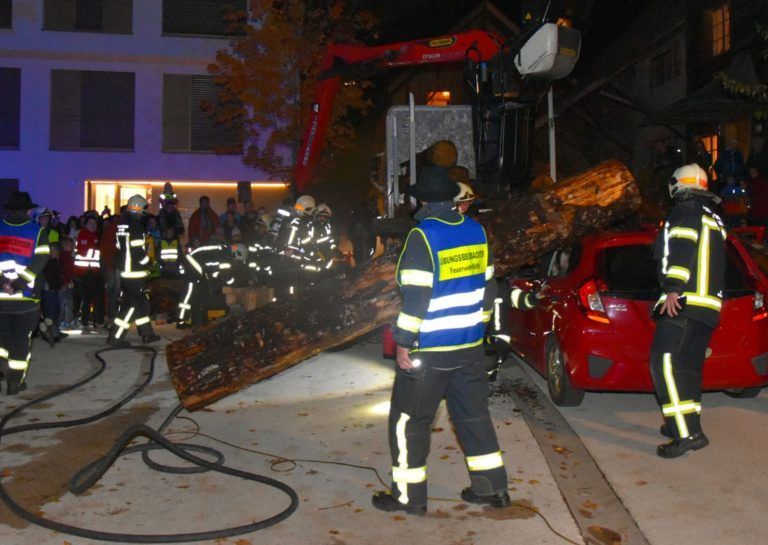 Schweres Gerät musste die Röthner Feuerwehr zur Befreiung von Baumstämmen einsetzen.
