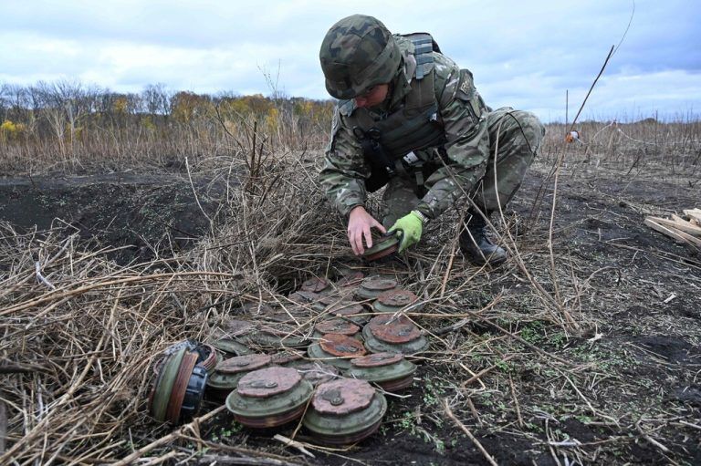 Ein Minenräumer der ukrainischen Nationalpolizei inspiziert Minen, die auf einem Feld im Bezirk Isjum in Charkiw gefunden wurden. AFP