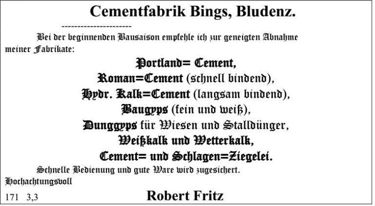 Inserat mit der Angebotspalette des Bingser Zementwerks (Vorarlberger Landeszeitung 13. 4. 1896).