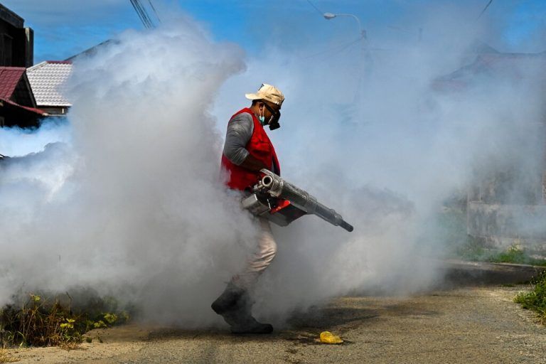 Zur Prävention gegen Dengue-Fieber versprüht ein Arbeiter in Banda Aceh, Indonesien, Mückenschutzmittel. AFP