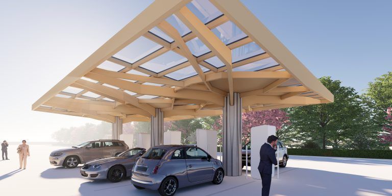 <p class="caption">„Zero CO2 Ladepark Bregenz“: Eine schwebende Dachkonstruktion aus Holz und transparenten Photovoltaik-Modulen mit Säulen aus Basaltbeton. <span class="media-container dcx_media_rtab" data-dcx_media_config="{}" data-dcx_media_type="rtab"> </span><span class="marker">Fa</span></p>