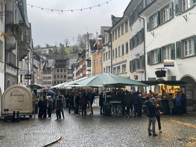 Zahlreiche Besucherinnen und Besucher trotzen dem schlechten Wetter am Blosengelmarkt. <span class="copyright">VN/Hartmann</span>