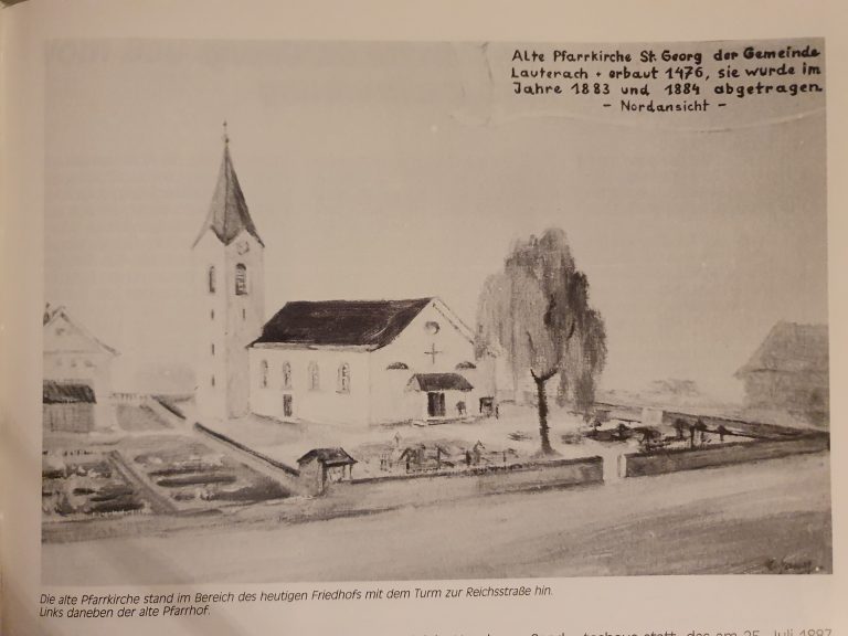 Alte Pfarrkirche St. Georg, erbaut 1476, sie wurde 1883 und 1884 abgetragen (Nordansicht). chronik lauterach