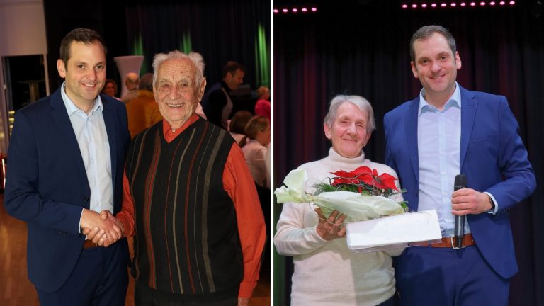 Bürgermeister Andreas Kresser mit Ehrenbürger Severin Sigg (Bild links) und Leserin Brigitte Marinelli.