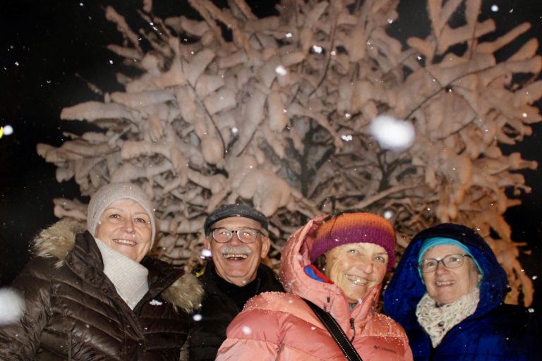 Wie schnell doch die Zeit vergeht: Der schneeweiß gezuckerte Baum, vor dem sich bestens gelaunte Marktbesucher zum Fotoshooting versammelten, trug noch vor wenigen Tagen bunte Blätter.
