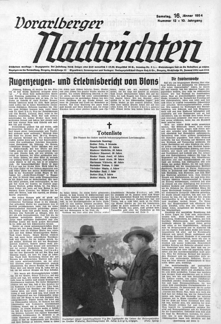 Auch für die Vorarlberger Nachrichten stand im Jänner 1954 das Thema Lawinenkatastrophe ganz im Mittelpunkt der Berichterstattung.