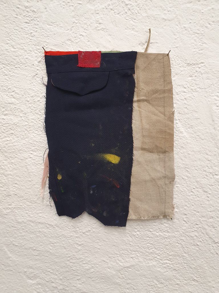 Franz Amann Poetics of Homo Economicus Vivienne W., 2022, Textilien, Teile einer Vivienne Westwood Hose, Ölfarbe, Leim