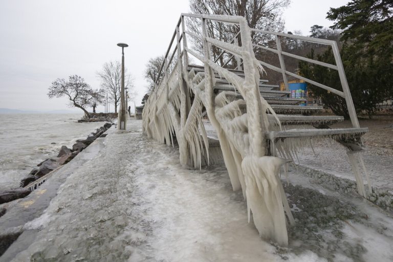 Durch Kälte gefrorenes Wasser hat die Gegenstände und Pflanzen am Ufer des Balatons in Ungarn in eine Welt aus Eis verwandelt. AP