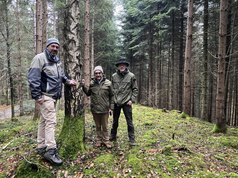 Axel Baudach und Christian Berner besichtigten zusammen mit Forstbetriebsleiter Walter Amann den Bludescher Wald. Hier stehen sie gerade auf dem künftigen Verabschiedungsplatz. <span class="copyright">VN/JUN</span>