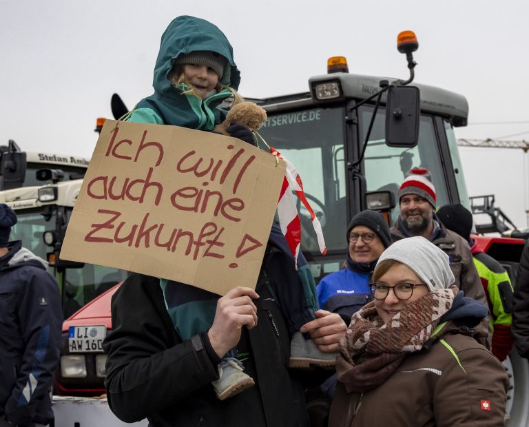 Mit verschiedenen Schildern und Plakaten machen die Landwirte ihrem Unmut Luft. <span class="copyright">VN/Paulitsch</span>