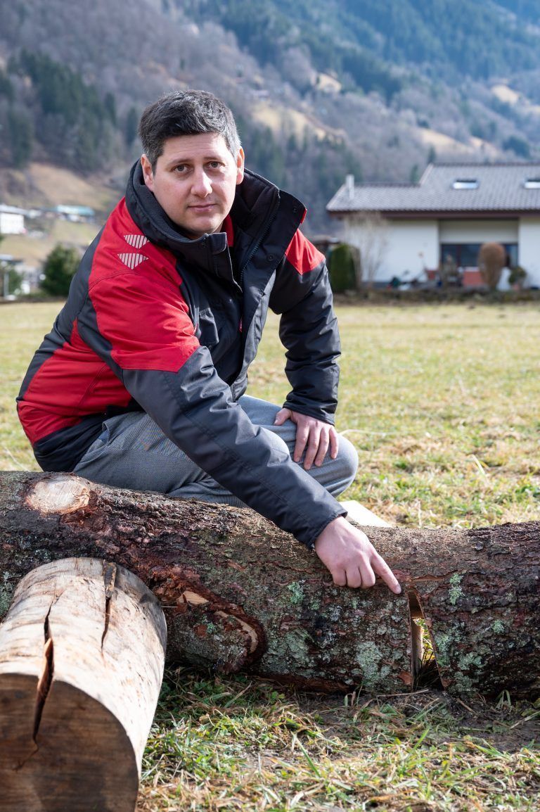 Christian Ladurner zeigt, wo die Missetäter die 25 Meter lange Tanne, welche aus dem Silbertal nach Schruns geschafft wurde, ansägten.
