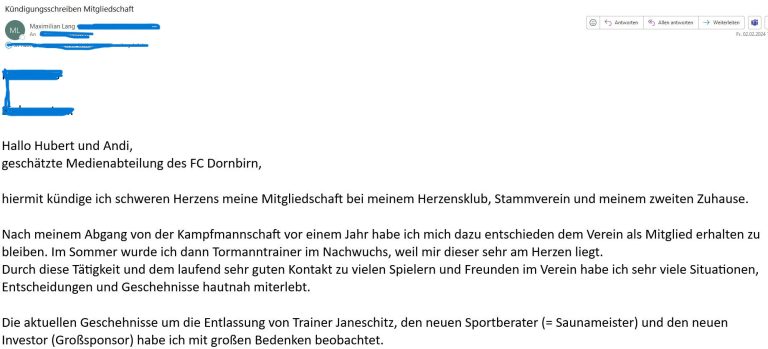 Auszug aus dem Kündigungsschreiben an den FC Dornbirn von Max Lang.