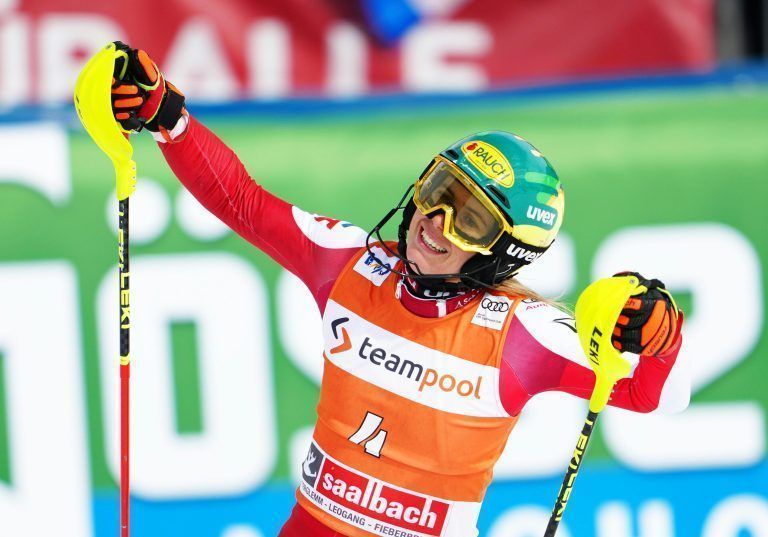 ABD0121_20240316 – SAALBACH – STERREICH: Katharina Liensberger (AUT) nach dem 2. Durchgang des Slalom der Frauen, im Rahmen des Ski-Weltcup Finales am Samstag, 16. Mrz 2024, in Saalbach-Hinterglemm. – FOTO: APA/GEORG HOCHMUTH