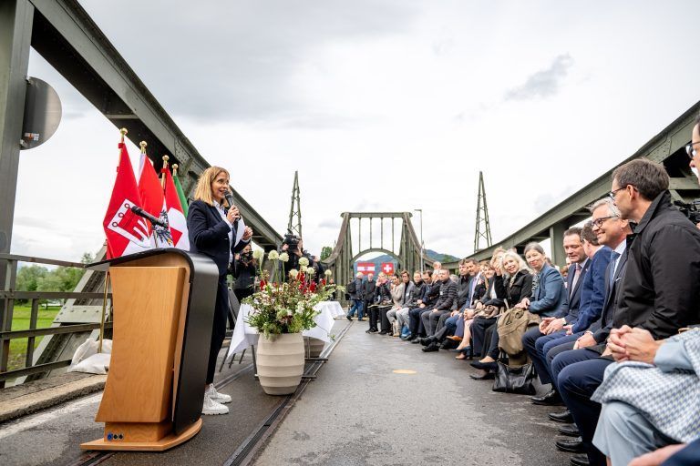 Rhesi-Staatsvertragsunterzeichnung, Brücke Wiesenrain in Lustenau, Schweiz Österreich