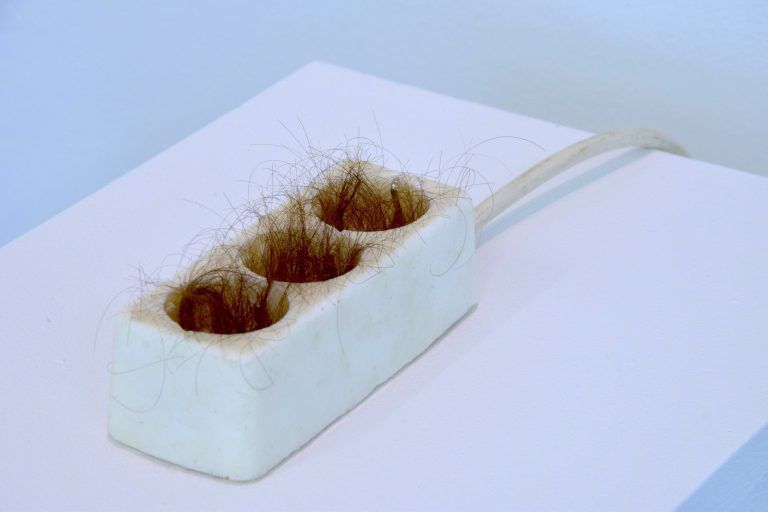 Sommerausstellung 2024 im Kunstforum Montafon: Künstler Mathias Garnitschnig, "Haar-Stecker", Silikon, Echthaar, Kabel, 14 x 4,5 x 4 cm.