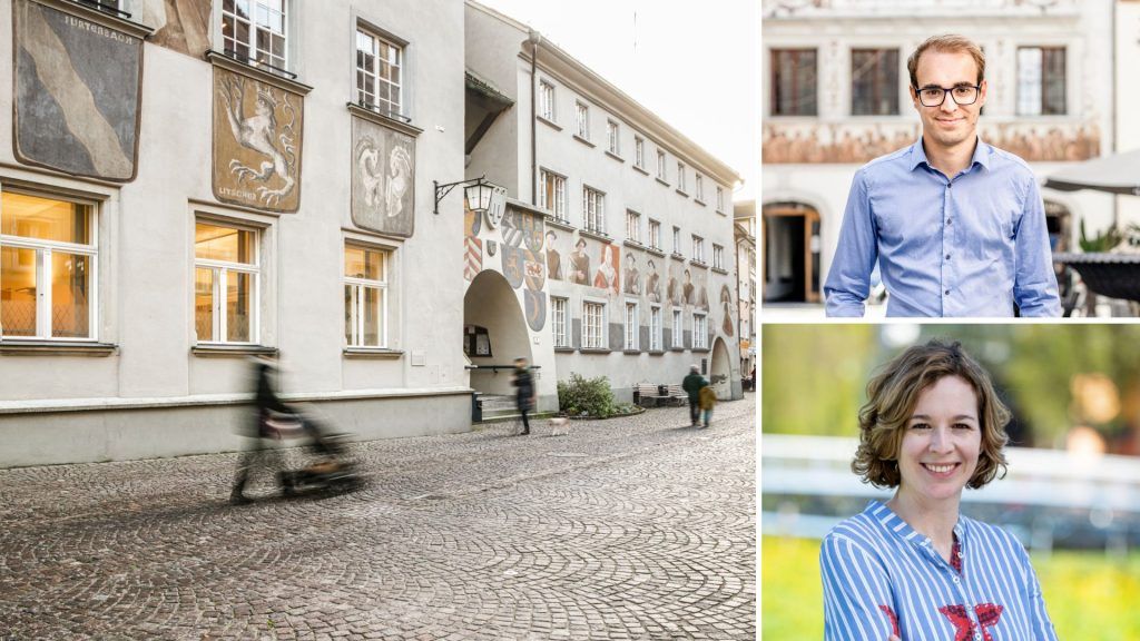 Grüne und pinke Bürgermeisterkandidaten in Feldkirch für die Wahl kommende Woche