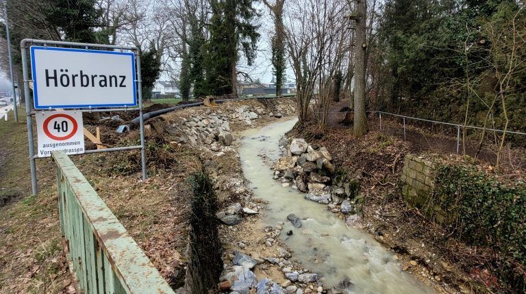 BU 3 Im Bereich der Brücke L190 erfolgte auf einer Länge von rund 60 Metern eine Sohlangleichung mit Aufweitung des Bachbettes sowie eine Prallufersicherung mit Buhnen. - Hochwasserschutzprojekt Ruggbach: Erneuerung der Brücke L190 - Hochwasserschutzprojekt Ruggbach: Erneuerung der Brücke L190