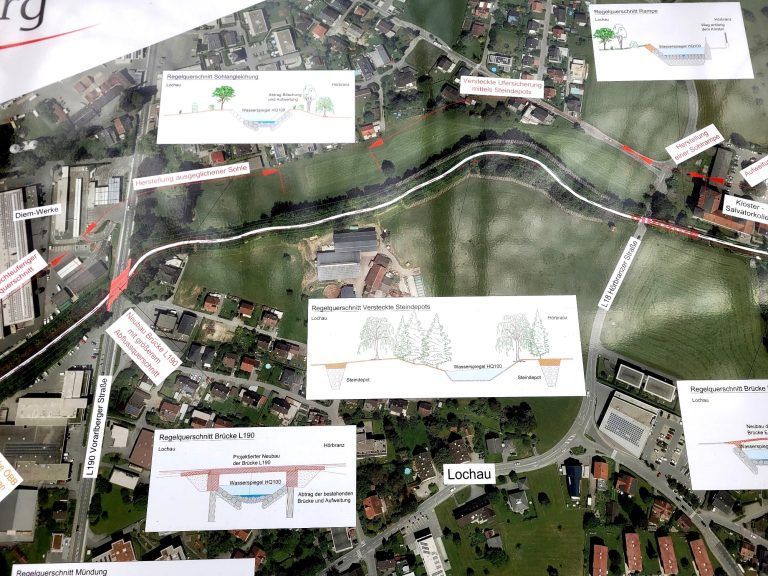 BU 5 BAUTAFELN: Eine große Bautafel informiert über das Hochwasserschutzprojekt Ruggbach, hier im Speziellen über die derzeit laufenden Baumaßnahmen im Rahmen der Erneuerung der Brücke L190 Vorarlberger Straße. - Hochwasserschutzprojekt Ruggbach: Erneuerung der Brücke L190 - Hochwasserschutzprojekt Ruggbach: Erneuerung der Brücke L190