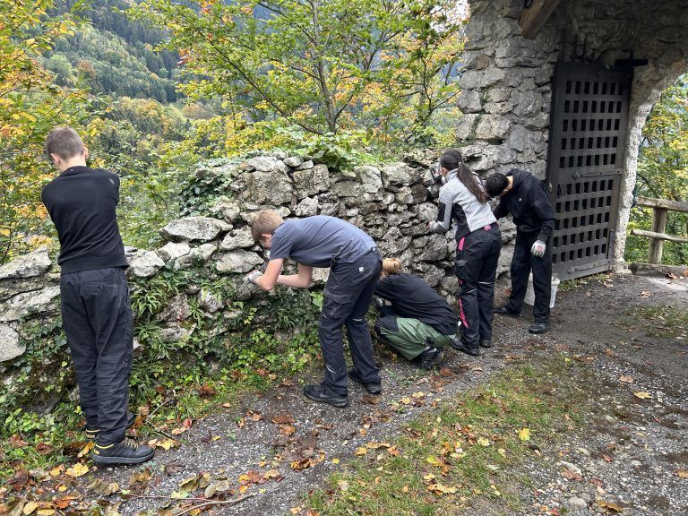 Die SEs musste historisches Mauerwerk gereinigt und wiederaufgebaut werden. - PTS-Schüler auf Schloss Glopper
