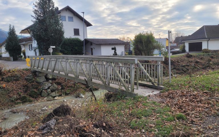 Die kleine Weidenwegbrücke wird durch eine rund dreieinhalb Meter breite Fuß- und Radweg-Brücke ersetzt. - Finale Arbeiten beim Hochwasserschutzprojekt Ruggbach - Finale Arbeiten beim Hochwasserschutzprojekt Ruggbach