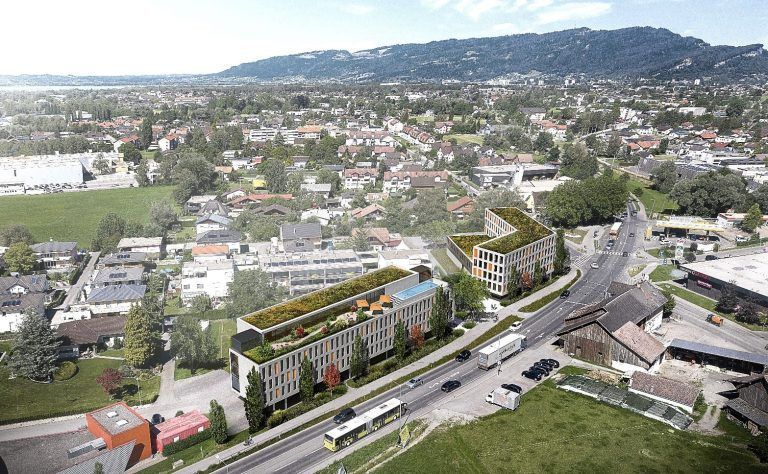 Baustart auch beim Harder Hotel-Projekt: Die Ortseinfahrt von Hard aus Richtung Lustenau/Fußach bekommt ein neues Gesicht. DornerMatt
