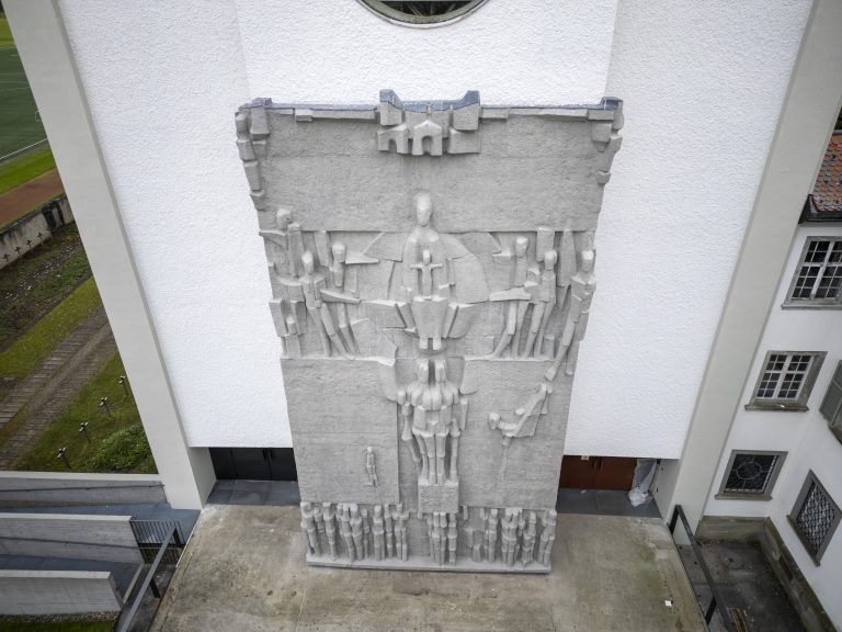 Einblick in Renovierungsarbeiten der Abteikirche Mehrerau Drohne Bild von oben Luftbild Luftaufnahme Drohnenfoto Drohnenbild