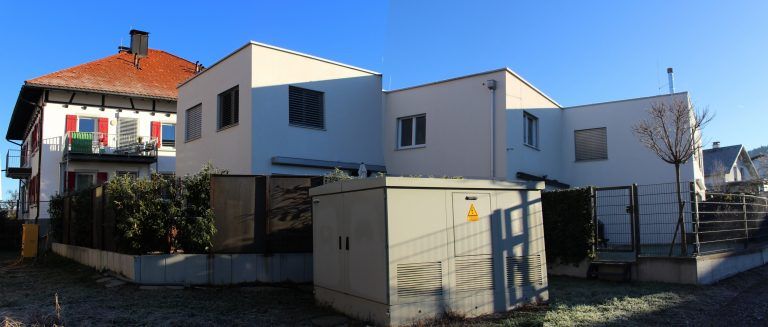 Hohenweiler Dorfzentrum im Zeitplan: Das Maurerhaus (links) wurde ausgebaut und erweitert und durch eine Nachverdichtung ergänzt, so dass hier zwölf Wohnungen entstanden.