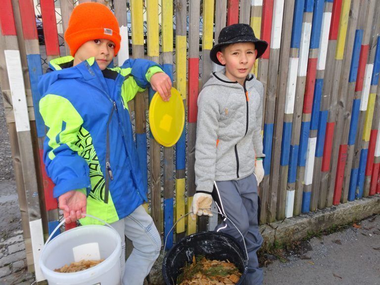 Auch Ryan und Gabriel waren mit ihren Kübeln rekordverdächtig unterwegs. - Mit Kübel und Schubkarre zum Weltrekord - Die Volksschule Rohrbach lud zur großen Hackschnitzel-Challenge.