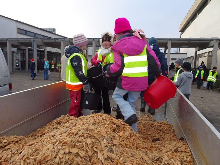 Voller Tatendrang halfen alle mit. - Mit Kübel und Schubkarre zum Weltrekord - Die Volksschule Rohrbach lud zur großen Hackschnitzel-Challenge.