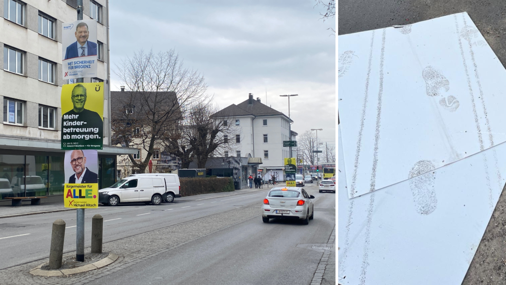 Wahlplakate in Bregenz im Straßendreck statt hoch gehängt