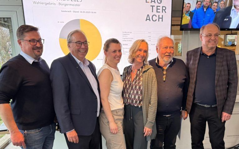 Nach Auszählung der Stimmen traf man sich nach der Wahl in Lauterach in Michi’s Café. Der wiedergewählte Bürgermeister Elmar Rhomberg hatte dazu alle Fraktionen – im Bild die Obleute Robert Winder, Walter Pfanner, Sanda Alibegovic, Karin Schedler und Peter Dietrich (v. l.) eingeladen.