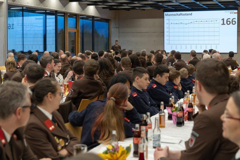 Feuerwehrkommandant wiedergewählt: Das Feuerwehrhaus war zur Jahreshauptversammlung sehr gut besucht. (Quelle: FW Lustenau)