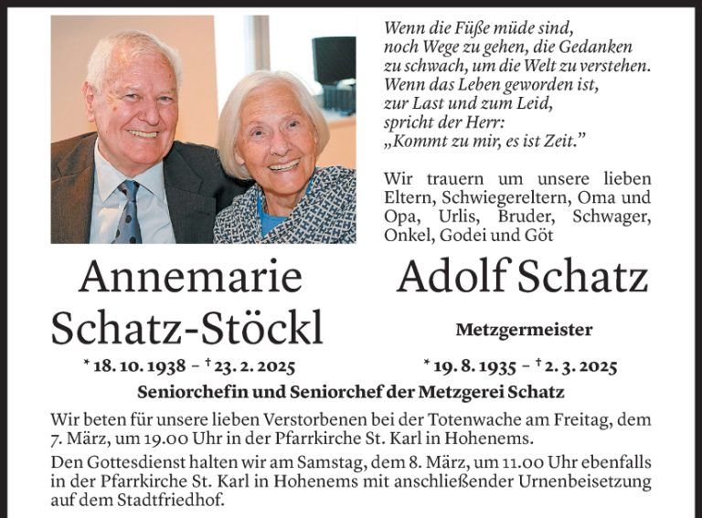 Traueranzeige Schatz Adolf Schatz-Stöckl Annemaire
