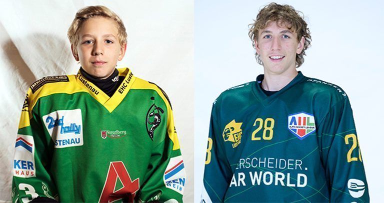 Pure Leidenschaft auf dem Eis: Lenz Moosbrugger als Kind und als Spieler der Kampfmannschaft beim EHC. (Quelle: Mäz Stadlober)