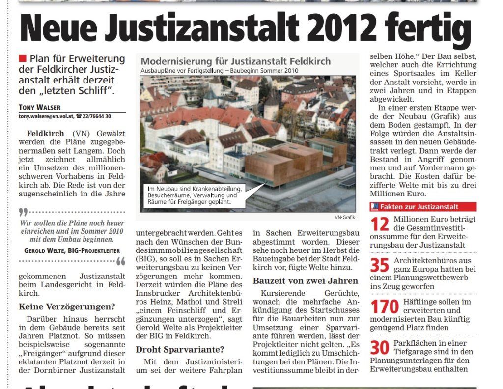 Platzmangel, Überbelegung und Personalnot: Ausbau der Justizanstalt Feldkirch aber weiter auf der Warteliste