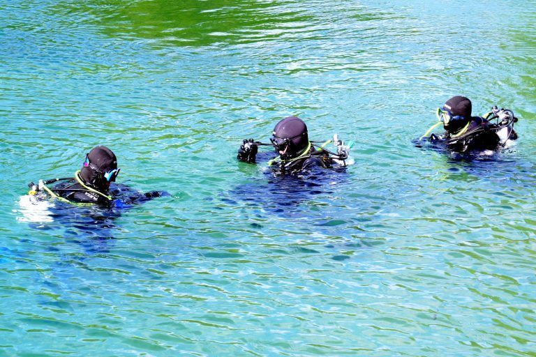 Saniertes Naturbad festlich eröffnet : Retter in Neopren: Beeindruckende Suche nach einer vermissten Person im Wasser.